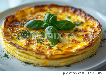 Delicious food with lasagna, cheese, and basil; perfect for an Italian dinner meal search. 124828858