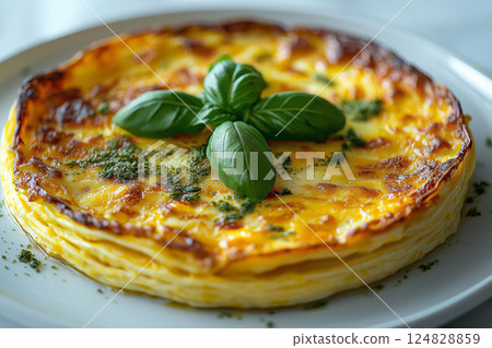 Delicious quiche with basil garnish - a savory pastry perfect for any meal Delicious quiche with basil garnish - a savory pastry perfect for any meal 124828859