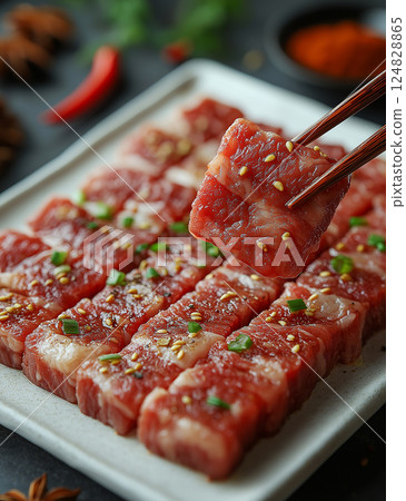 Fresh raw beef steak slices for gourmet cooking with chopsticks, red texture enhances appeal Fresh raw beef steak slices for gourmet cooking with chopsticks, red texture enhances appeal 124828865