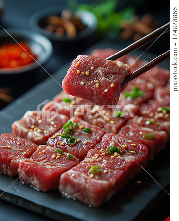Delicious steak beef meat BBQ chopsticks grilled dinner cooked Delicious steak beef meat BBQ chopsticks grilled dinner cooked 124828866