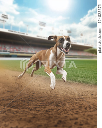 Greyhound dog racing on track under sunny sky, showcasing speed, athletic motion, and fun outdoors 124828873
