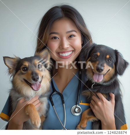 Miniature Vet Dogs with Pets: Smiling Woman in Healthcare with Dog Happy and Joyful Miniature Vet Dogs with Pets: Smiling Woman in Healthcare with Dog Happy and Joyful 124828874