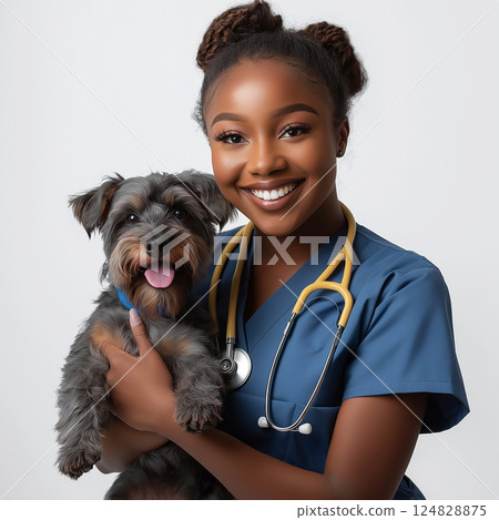 Veterinarian with adorable Schnauzer dog showcasing love and care in a professional setting 124828875