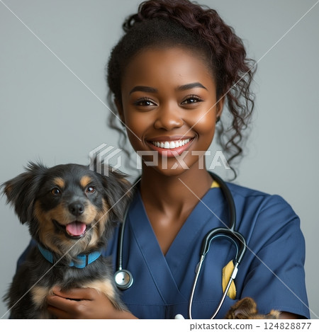 Veterinarian with a happy dog showcasing care and friendship in a professional setting 124828877