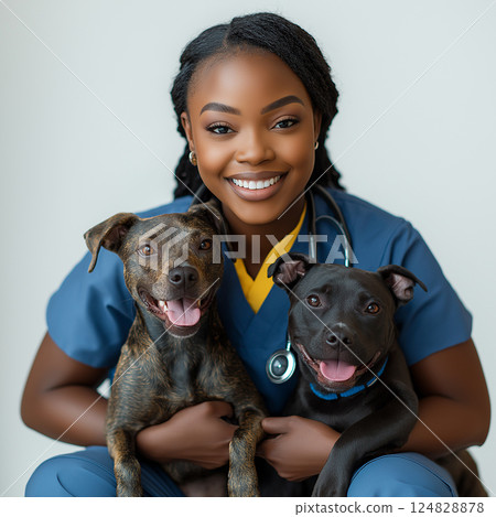 Dog breed and veterinarian in a joyful pet healthcare setting with smiling companions 124828878