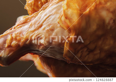 Closeup of crispy cooked chicken showing texture and detail, a delicious protein-rich food 124828887