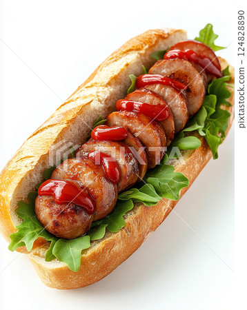 Tasty sausage sandwich with ketchup and fresh arugula on a delicious grilled bread bun Tasty sausage sandwich with ketchup and fresh arugula on a delicious grilled bread bun 124828890