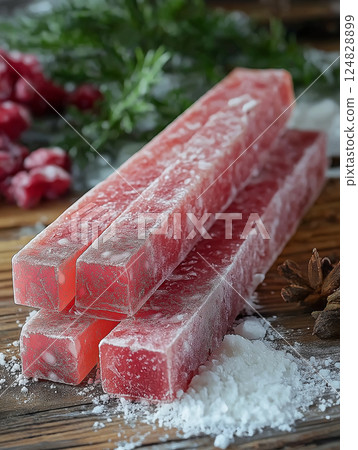Pink sugar stick crystals on powdered surface, a sweet treat for dessert lovers Pink sugar stick crystals on powdered surface, a sweet treat for dessert lovers 124828899
