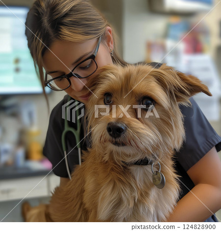 Terrier dog at veterinary checkup with pet care and clinic visit for canine health 124828900