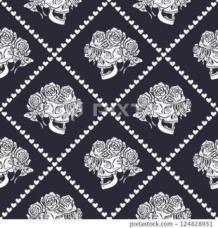 Seamless pattern with hand drawn black and white human skulls and rose flower wreath inside trellis Seamless pattern with hand drawn black and white human skulls and rose flower wreath inside trellis 124828931