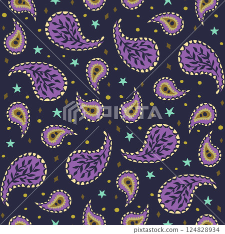 Seamless pattern with stars and paisley on dark blue background. Boho repeat wallpaper. Seamless pattern with stars and paisley on dark blue background. Boho repeat wallpaper. 124828934