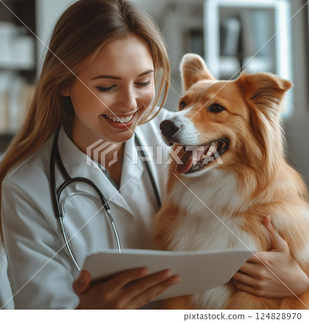 Smiling veterinarian with a Collie dog in a clinic during a friendly pet health consultation. 124828970