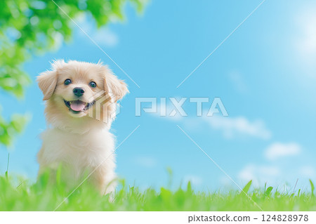Pomeranian puppy dog is cute, fluffy, and happy on the grass under the blue sky Pomeranian puppy dog is cute, fluffy, and happy on the grass under the blue sky 124828978