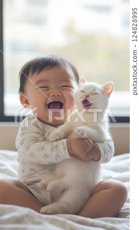 Adorable kitten and joyful baby in a delightful moment of friendship, pure love and happiness 124828995