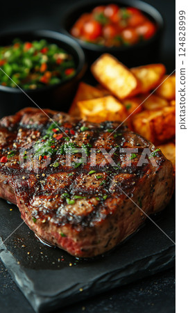 Grilled steak with herbs and spices, a delicious gourmet meal with flavorful cuisine and protein 124828999