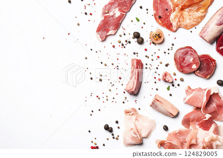 A culinary assortment of raw meat ingredients featuring delicious gourmet cuts and spices. A culinary assortment of raw meat ingredients featuring delicious gourmet cuts and spices. 124829005