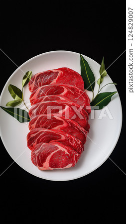 Fresh beef slices with leaves on a plate, showcasing red raw meat as a gourmet presentation. Fresh beef slices with leaves on a plate, showcasing red raw meat as a gourmet presentation. 124829007