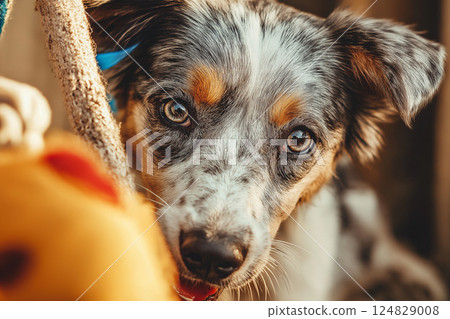 Charming Australian Shepherd dog with beautiful eyes and fluffy fur enjoys outdoor adventure 124829008