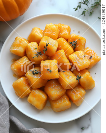 Delicious pumpkin gnocchi on a plate with herbs, a perfect autumn Italian meal to savor 124829017