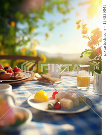 Enjoy a peaceful summer breakfast outdoors with fruit and decor on a vibrant table setting Enjoy a peaceful summer breakfast outdoors with fruit and decor on a vibrant table setting 124829045