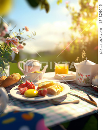 Beautiful breakfast table outdoors with tea, fruit, and flowers at sunrise in a serene garden Beautiful breakfast table outdoors with tea, fruit, and flowers at sunrise in a serene garden 124829046