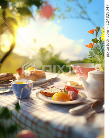 Breakfast in sunlight with a morning meal on an outdoor garden table featuring tea and fruit Breakfast in sunlight with a morning meal on an outdoor garden table featuring tea and fruit 124829047