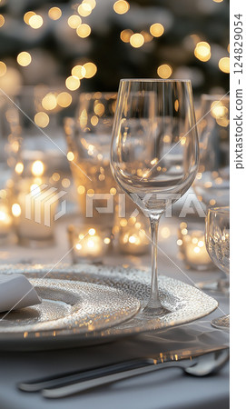 Elegant glass dining setup with bokeh, luxury, and table ambiance, sparkling celebration light 124829054