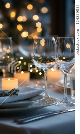 Elegant dining with wine glasses and candlelight for a festive and romantic table setting 124829055