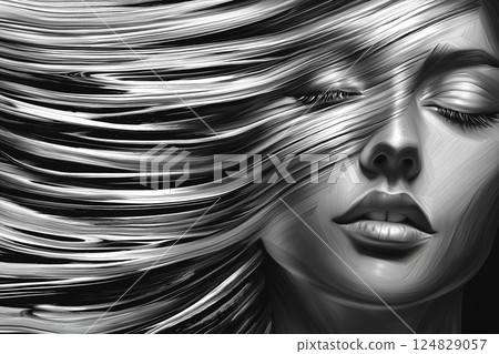 Serene portrait of a woman with abstract swirls in monochrome art style, depicting elegance and mystery Serene portrait of a woman with abstract swirls in monochrome art style, depicting elegance and mystery 124829057
