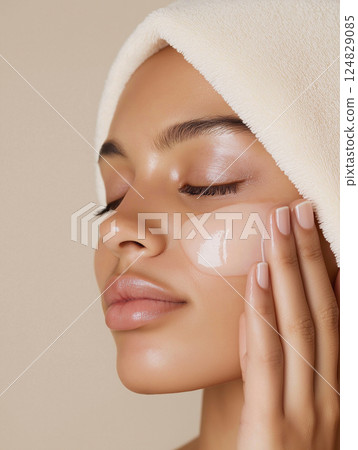Skincare beauty session for a woman using moisturizer and facial glow products for relaxation Skincare beauty session for a woman using moisturizer and facial glow products for relaxation 124829085