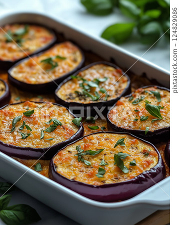 Delicious eggplant dish with cheese and basil, perfect for a vegetarian meal and flavorful cooking Delicious eggplant dish with cheese and basil, perfect for a vegetarian meal and flavorful cooking 124829086