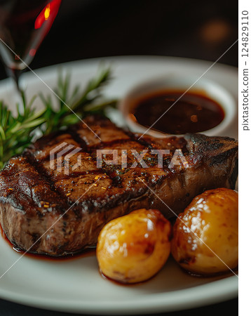 Delicious grilled steak dinner with food, grilled, delicious, dinner, meal, cuisine, beef, cooking, savory. 124829110