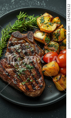 Grilled steak and potatoes with herbs, a savory dinner meal with delicious food and cuisine. 124829112