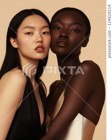 Portrait of fashionable models showcasing diversity and beauty in a chic studio setting Portrait of fashionable models showcasing diversity and beauty in a chic studio setting 124829114