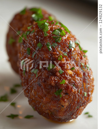 Delicious crispy meatball with parsley garnished - perfect gourmet appetizer for savory cuisine Delicious crispy meatball with parsley garnished - perfect gourmet appetizer for savory cuisine 124829132