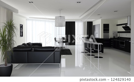 Modern living room interior with elegant kitchen and contemporary furniture in luxurious apartment Modern living room interior with elegant kitchen and contemporary furniture in luxurious apartment 124829140
