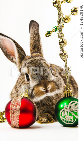 Rabbit with Christmas decorations: festive, cute bunny among holiday ornaments, winter celebration Rabbit with Christmas decorations: festive, cute bunny among holiday ornaments, winter celebration 124829146