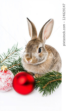 Festive rabbit with ornament in Christmas nature setting, perfect for winter holiday decor Festive rabbit with ornament in Christmas nature setting, perfect for winter holiday decor 124829147