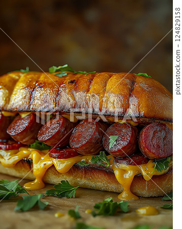 Delicious sandwich with grilled sausage and cheese on artisan bread, perfect lunchtime gourmet! Delicious sandwich with grilled sausage and cheese on artisan bread, perfect lunchtime gourmet! 124829158