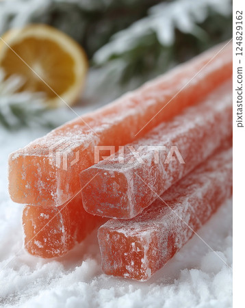 Frozen dessert of orange ice with sweet and cold fruit, refreshing frost, and lemon hint Frozen dessert of orange ice with sweet and cold fruit, refreshing frost, and lemon hint 124829162
