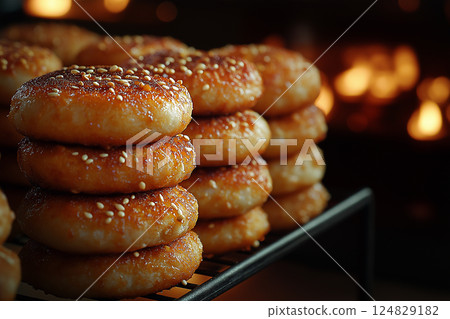 Delicious baked sesame pastry with golden crispy bagels stacked and grilled to perfection 124829182