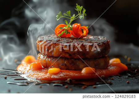 Gourmet burger with artistic plating, smoke, and savory sauce served as a delicious meal Gourmet burger with artistic plating, smoke, and savory sauce served as a delicious meal 124829183