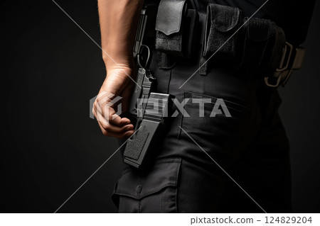 Tactical gear and weapon holster with handgun for security and military protection 124829204