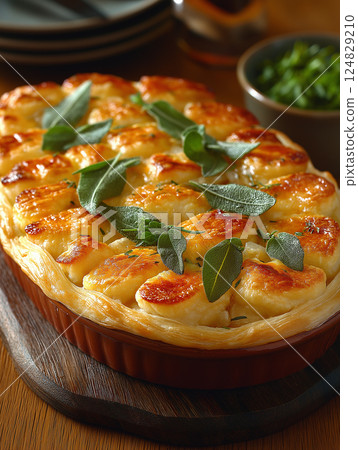 Delicious potato gratin with sage and cheese in a golden baked casserole dish Delicious potato gratin with sage and cheese in a golden baked casserole dish 124829210