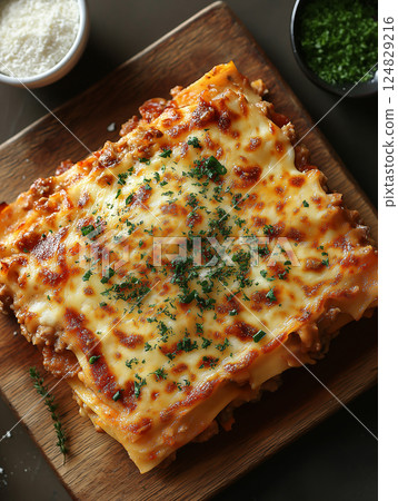 Delicious lasagna with cheese, pasta, and meat: a classic Italian cuisine dish 124829216