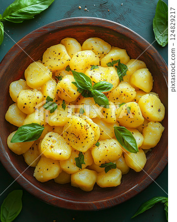 Gourmet gnocchi with basil: fresh Italian pasta recipe with delicious potato flavor Gourmet gnocchi with basil: fresh Italian pasta recipe with delicious potato flavor 124829217