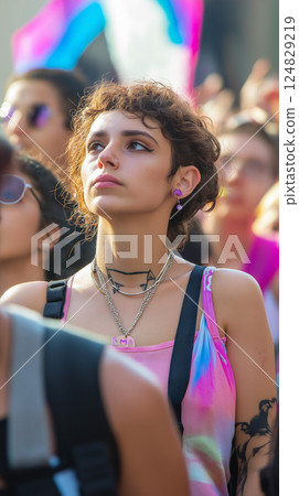 Expression of youth in a vibrant festival crowd showcasing culture, fashion, and focus outdoors 124829219