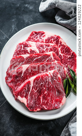 Fresh raw beef steak on plate, showcasing delicious red meat for gourmet cooking and culinary delight 124829222