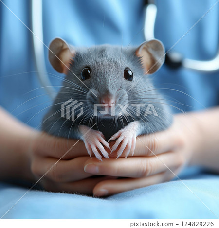 Cute rodent with whiskers and claws, held gently by hands, perfect for pet lovers 124829226