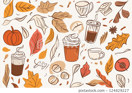 Autumn leaves and coffee pattern: illustration of cozy fall season with warm beverage and design 124829227